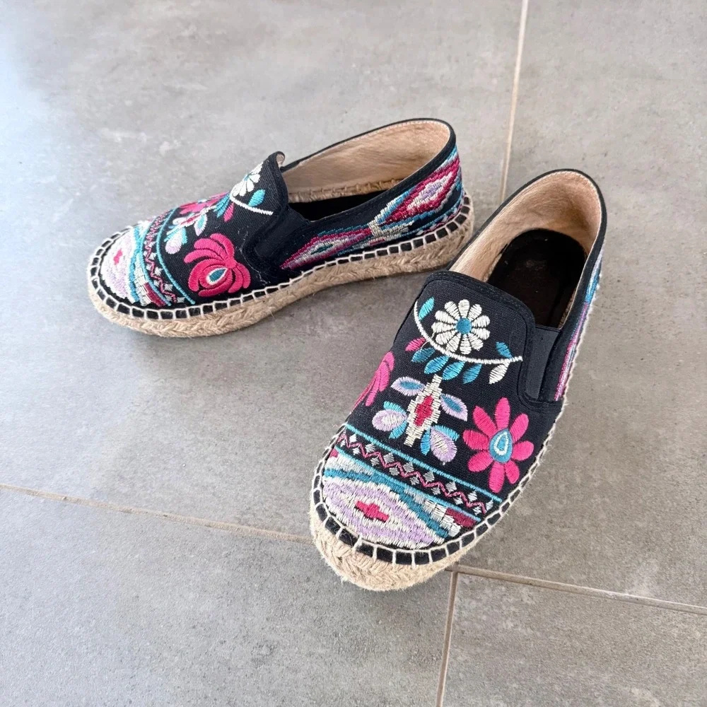 Johnny Was‎ Embroidered Espadrille Slip On Shoes Womens 39 Black Floral